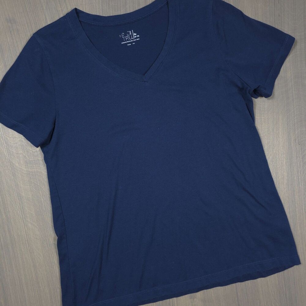 Time and Tru Navy Blue V Neck Tee Size M Short Sleeve